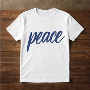 NWT - White T-Shirt with Blue 'Peace' Print